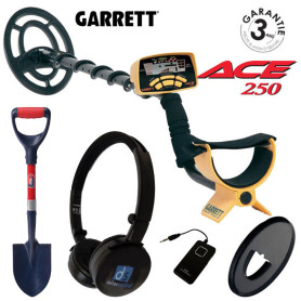 Détecteur de métaux Garrett ACE 250 avec protège disque, pelle draper et casque sans fil DetecSound